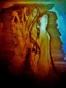 dibujo realizado con escritura automática dejando que la mano fluya libremente sin el uso del pensamiento consciente.