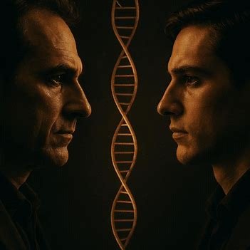 Comparativa de dos rostros frente a frente con doble hélice de ADN, metáfora visual del parecido genético y la observación escultórica de Juan Up.